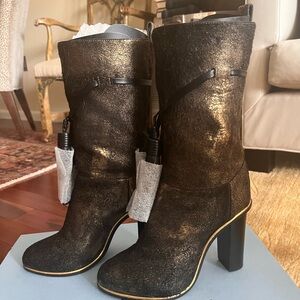 Lanvin Black and Gold Metallic Calf Hair, Mid-Calf Block Heel Boots with Tassel